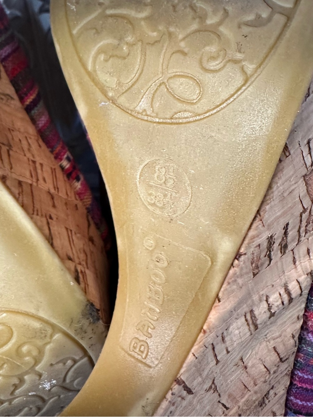 Bamboo Multicolor Striped Cork Platform Peep Toe Heels Size 8.5 Boho Pumps - Picture 8 of 13